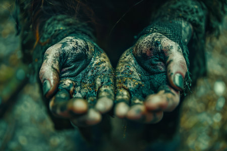 Hands Covered in Paint Presenting Creativity and Artistic Expression Surrounded by Nature AI Generativeの素材