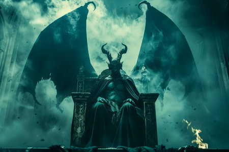 Mysterious Dark Lord on Throne in a Gothic Fantasy Setting with Dramatic Lighting and Mist AI Generativeの素材