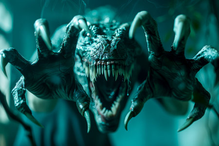 Menacing Alien Creature with Sharp Teeth and Claws in a Dark Sci Fi Setting AI Generativeの素材