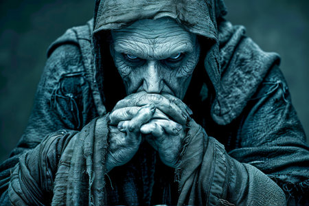 Mysterious Hooded Figure in Dark Cloak Pondering in Moody Atmospheric Setting, Cinematic Portrait of a Contemplative Character AI Generativeの素材