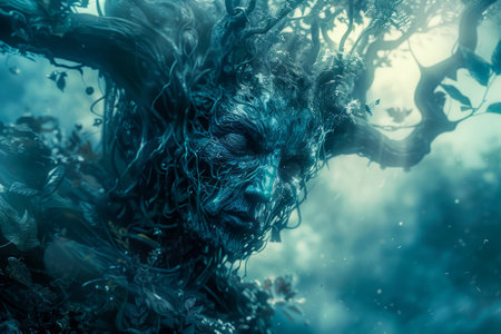 Surreal Underwater Scene with Ethereal Human Face Amidst Bubbles and Blue Tones, Artistic Fantasy Photography, Mystical Aquatic Dream AI Generativeの素材