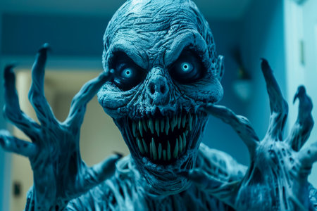 Creepy Monster with Bared Teeth and Outstretched Claws in a Dark Eerie Setting, Perfect for Horror Themes and Halloween Concepts AI Generativeの素材