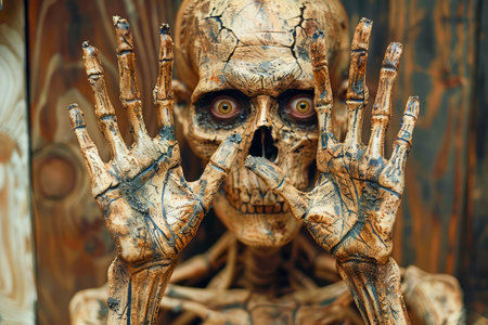 Creepy Skeleton Face with Hands Up in Horror Aesthetic on Abstract Background for Halloween Themes AI Generativeの素材
