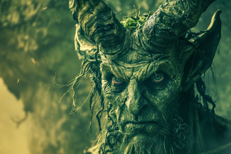 Mystical Faun Portrait in Enchanted Forest Mythical Creature with Horns in Moody Atmospheric Setting AI Generativeの素材