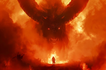 Dramatic Fiery Landscape with Gigantic Monster and Silhouette of a Person Under a Menacing Red Sky AI Generativeの素材