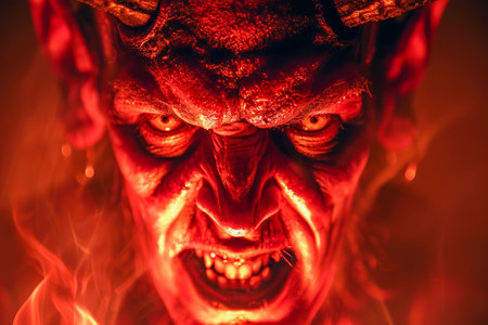 Intense Portrait of a Fierce Demon with Horns and Glowing Eyes in a Fiery Red Hellish Atmosphere for Fantasy and Horror Concepts AI Generativeの素材