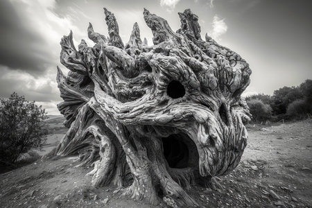 Surreal Ancient Tree Root Formation with Monster like Facial Features in a Spooky Landscape AI Generativeの素材