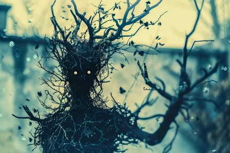 Surreal Mystical Tree Creature with Glowing Eyes in an Enchanted Forest at Twilight AI Generativeの素材