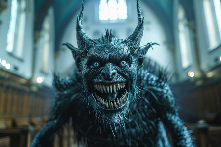 Creepy Black Demon Costume in Mysterious Church Setting with Gothic Vibes for Spooky Themes and Horror Concepts AI Generativeの素材
