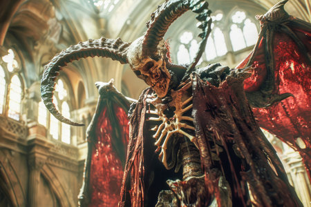 Majestic Dark Fantasy Figure with Horned Skull and Red Cape in Mystical Cathedral Setting AI Generativeの素材