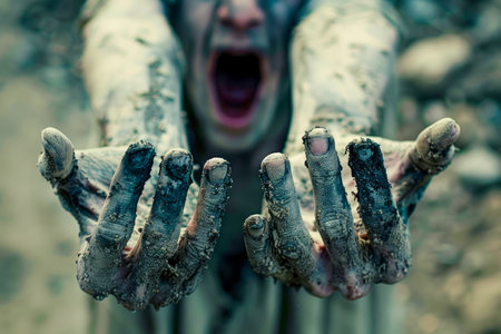 Intense Emotion Captured with Muddy Hands Raised in a Scream of Desperation or Protest AI Generativeの素材