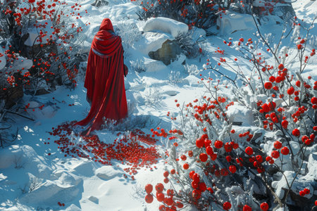 Mysterious Figure in Red Cloak Walking Through Snowy Winter Landscape with Vibrant Red Berries AI Generativeの素材