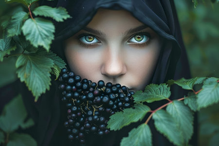 Mysterious Woman in Hood Hidden in Nature Holding Blackberries, Intense Gaze Amongst Green Leaves AI Generativeの素材