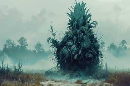 Mysterious Pineapple Creature Emerging in Misty Forest Landscape, Surreal Wildlife Concept, Fantasy Environment Scene AI Generativeの素材