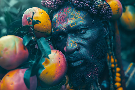 Portrait of a Man with Tribal Paints Surrounded by Lush Orange Fruits in a Mystical, Nature Inspired Shoot AI Generativeの素材