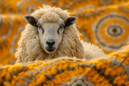 Close up of a Fluffy White Sheep in Golden Field with Decorative Hay Bales, Rural Countryside Scene AI Generativeの素材