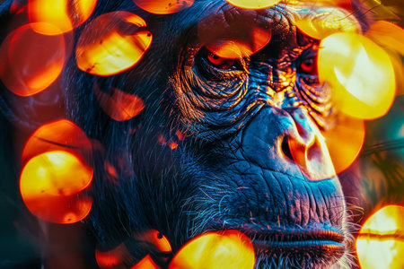 Close up Portrait of a Thoughtful Chimpanzee Amidst Vivid Bokeh Light Effects Wildlife Photography AI Generativeの素材