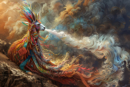Majestic Mythical Phoenix in Vivid Hues with Elaborate Plumage Under a Dynamic Sky AI Generativeの素材