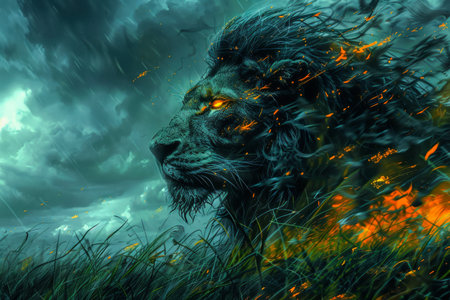 Mystical Fire Lion in Stormy Landscape Fantasy Beast in Dramatic Sky with Lightning Elements and Fiery Tale AI Generativeの素材