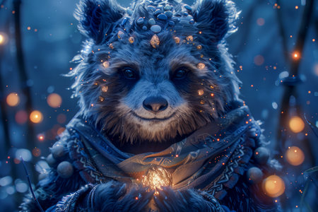 Magical Winter Wonderland Scene with Enchanted Ice Bear Creature in Snowy Forest at Twilight AI Generativeの素材