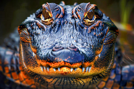 Close Up View of an American Alligator&#39;s Head Displaying Its Powerful Jaws and Intense Eyes AI Generativeの素材