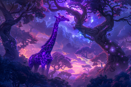 Magical Twilight Sky with Silhouette of Giraffe in Mystical Forest Dreamy Fantasy Wildlife Scenery AI Generativeの素材