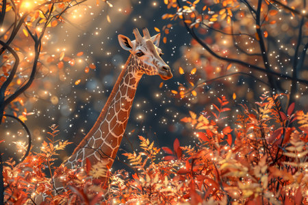 Majestic Giraffe Among Autumn Leaves with Magical Glowing Lights in a Serene Enchanted Forest Setting AI Generativeの素材