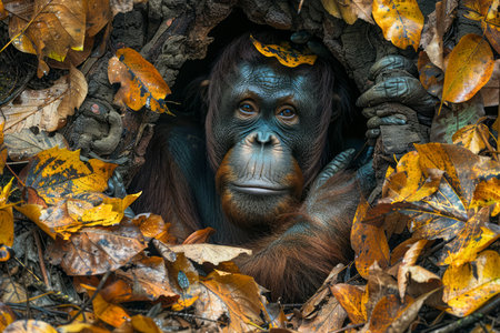 Majestic Orangutan Peering Through Autumn Leaves, Wildlife in Natural Habitat, Endangered Ape Portrait AI Generativeの素材