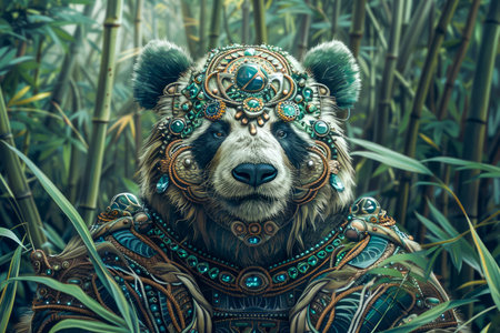Mystical Shaman Bear with Intricate Tribal Patterns Amidst Lush Bamboo Forest AI Generativeの素材