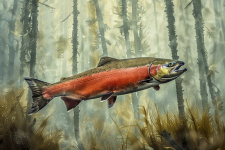 Majestic Sockeye Salmon Ascending Through Clear Forest Stream Wildlife Illustration AI Generativeの素材