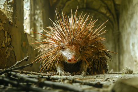 Close up of a Spiky Porcupine in a Rustic Abandoned Building Setting with Natural Light and Shadows AI Generativeの素材