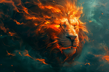 Majestic Fiery Lion Mane Enveloped in Flames, Symbol of Power and Courage in Vivid Orange and Red Hues AI Generativeの素材