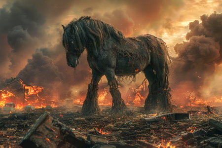 Majestic Apocalyptic Horse Amidst Fiery Landscape and Darkened Skies in Dramatic Fantasy Setting AI Generativeの素材