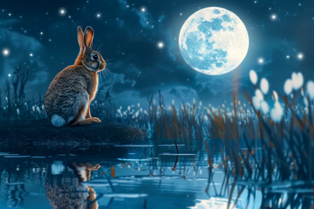 Moonlit Night with Rabbit in Serene Meadow Mystical Nature Scene with Full Moon and Reflective Water AI Generativeの素材