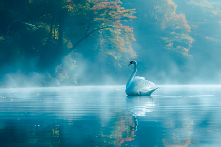 Serene Swan on a Misty Lake with Autumn Foliage Reflections Peaceful Wildlife and Nature Scene AI Generativeの素材