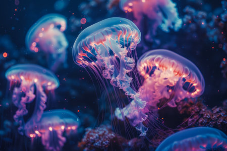 Mesmerizing Underwater Dance of Luminous Jellyfish in the Ocean Depths, Vivid Marine Life Scene with Floating Medusae AI Generativeの素材
