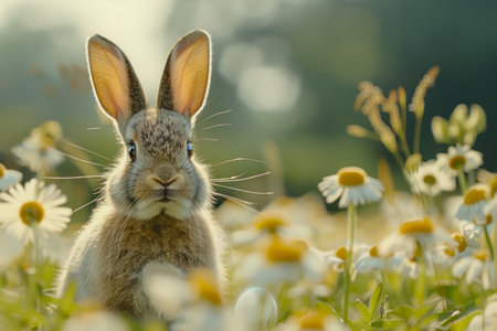 Cute Brown Rabbit Sitting Among White Daisy Flowers in a Sunlit Field with Soft Bokeh Background AI Generativeの素材