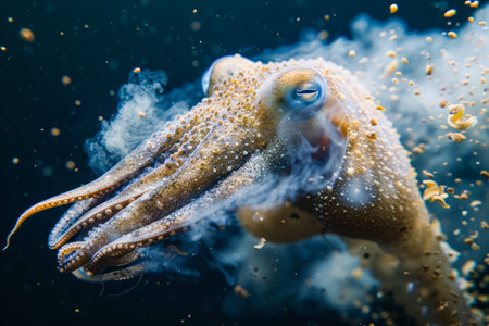 Majestic Cuttlefish Floating Effortlessly in Ocean Water with Bubbles Illuminated by Sunlight AI Generativeの素材