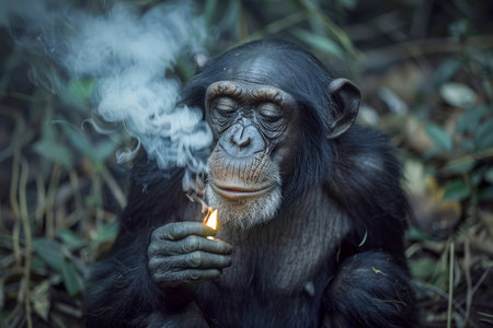 Mature Chimpanzee Lighting Up and Puffing Smoke in a Serene Forest Setting AI Generativeの素材