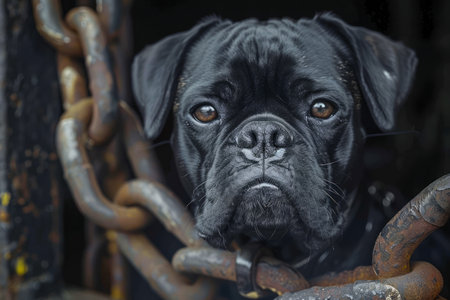 Expressive Black Boxer Dog Gazing Through Rusty Metal Chains, Close Up Pet Portrait, Animal Emotions AI Generativeの素材