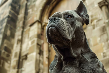 Majestic Black Cane Corso Dog Portrait with Historical Building Background, Noble Canine Profile Closeup AI Generativeの素材