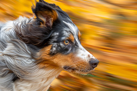 Stunning Australian Shepherd Dog in Action with Blurred Autumn Background, High Speed Photography AI Generativeの素材