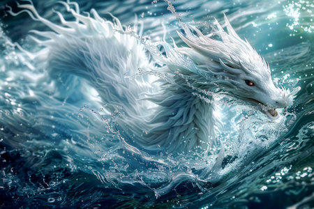 Majestic Mythical Water Dragon Emerging from Ocean Waves in Dynamic Digital Artwork AI Generativeの素材