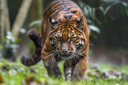 Majestic Sumatran Tiger on the Prowl in Natural Habitat, Vibrant Wildlife Photography, Intense Feline Stare AI Generativeの素材