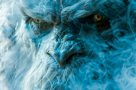Mystical Blue Creature with Intense Yellow Eyes, Mythical Fantasy Concept Artwork, Enigmatic Animalistic Portrait AI Generativeの素材