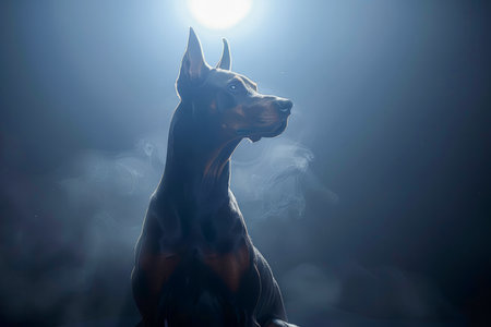 Majestic Black Doberman Pinscher Sitting in Mist with Full Moon in Background, Elegant Dog Portrait with Dramatic Night Lighting AI Generativeの素材