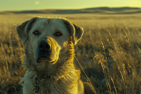 Serene Canine in Golden Field at Sunset Dog Enjoying Nature's Beauty in Vast Countryside AI Generativeの素材