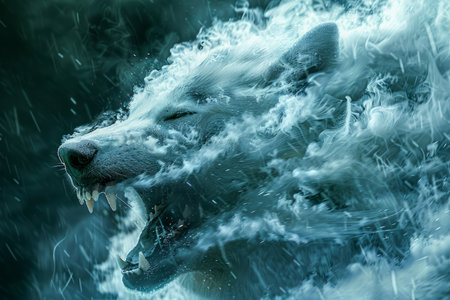 Majestic Ethereal Wolf Concept with Dynamic Water Splashes in Monochromatic Tones for Fantasy Artwork AI Generativeの素材