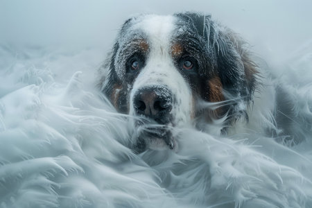Serene Bernese Mountain Dog Lying in a Fluffy White Cloud Like Blanket, Peaceful Pet Resting Concept AI Generativeの素材