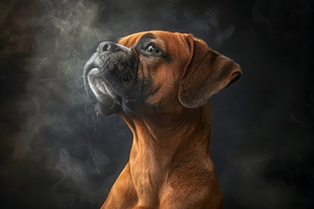 Majestic Boxer Dog Portrait with Elegant Posture and Dark Smoky Background, Studio Lighting and Sharp Details Showcasing Pet Beauty AI Generativeの素材